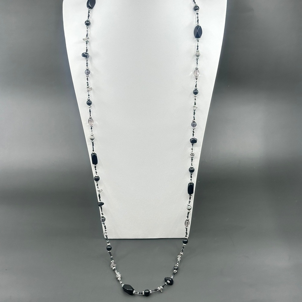 Black Silver Tone Long Beaded Necklace Mixed Glass Beads Statement Layering Boho